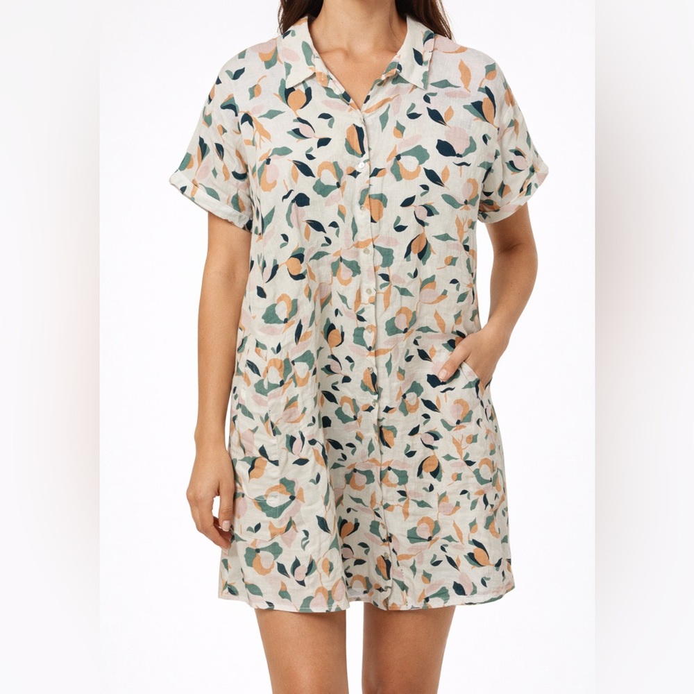 Rachel Zoe 100% Linen Button Front Shirt Dress Abstract Print Short Sleeve XL‎